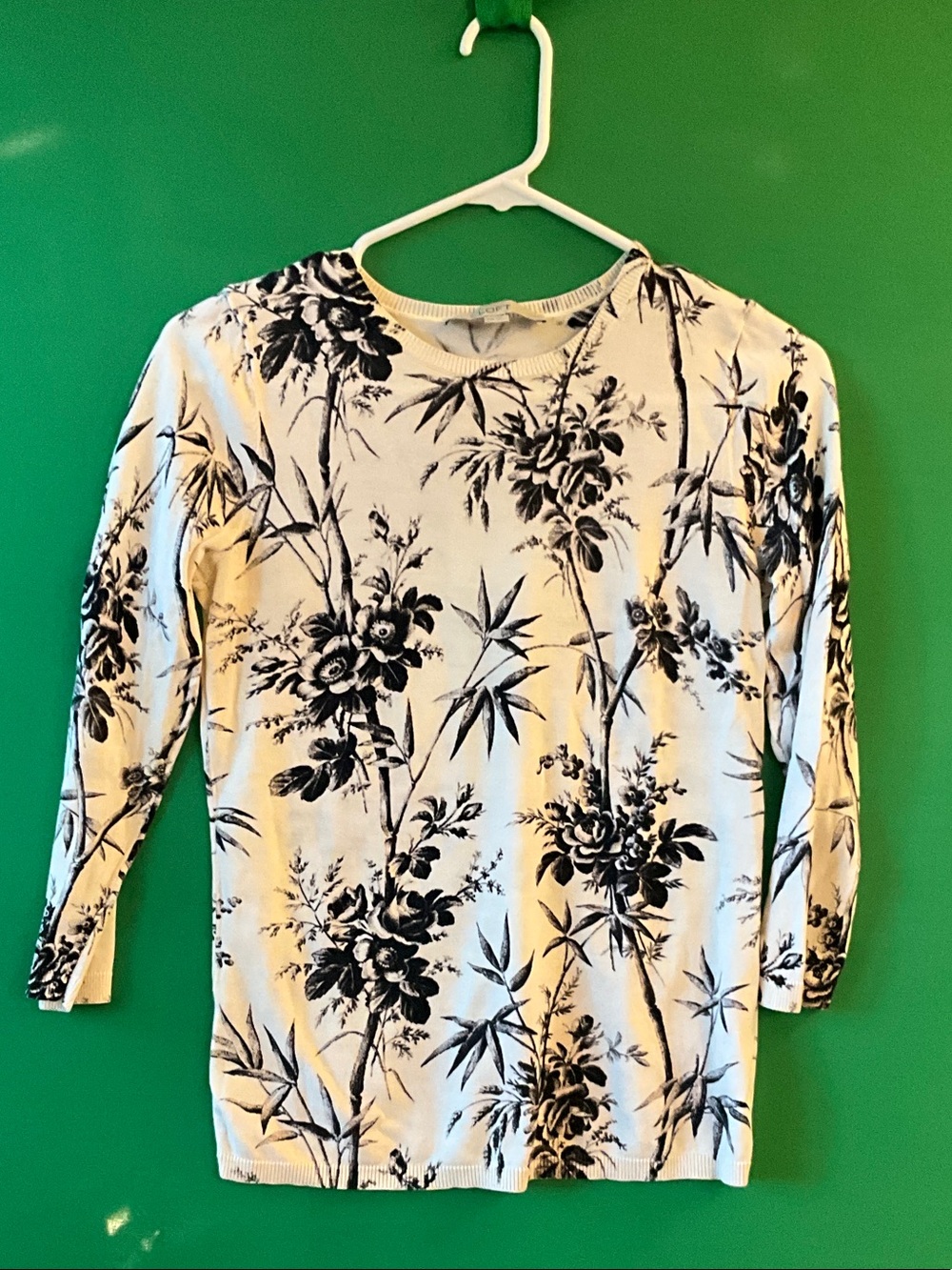LOFT White Sweater with Black Botanical Print